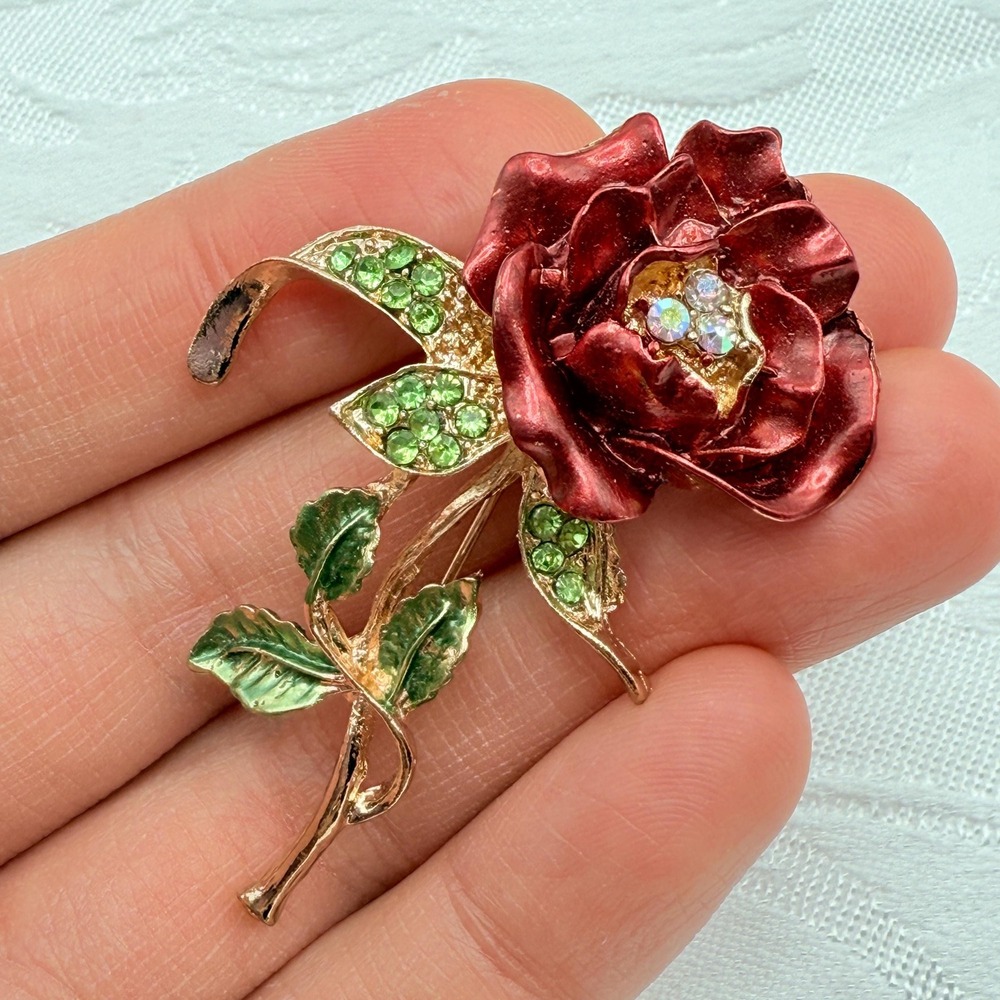 Vintage Satin Enamel Red and Green Rose AB Rhinestones Brooch Pin